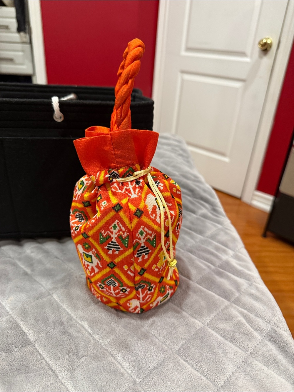 Orange Patterned Drawstring Handbag - Picture 3 of 4